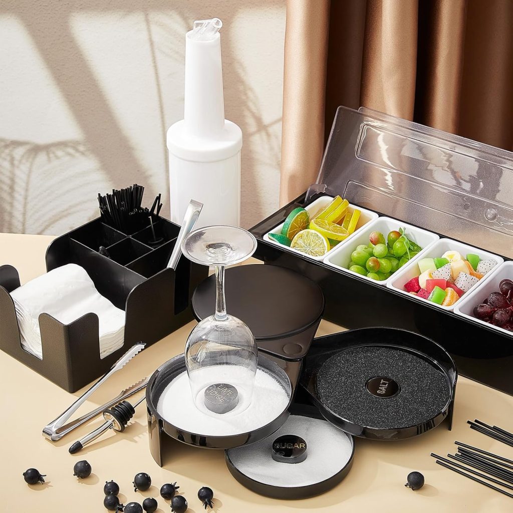 Mifoci Garnish Tray with Lid Bar Caddy 3 Tier Glass Rimmer 12 Stainless Steel Bottle Pourers 2 Plastic Juice Pour Bottles 1000 Count Cocktail Straws 3 Serving Tongs(4 Compartments,Plastic)
