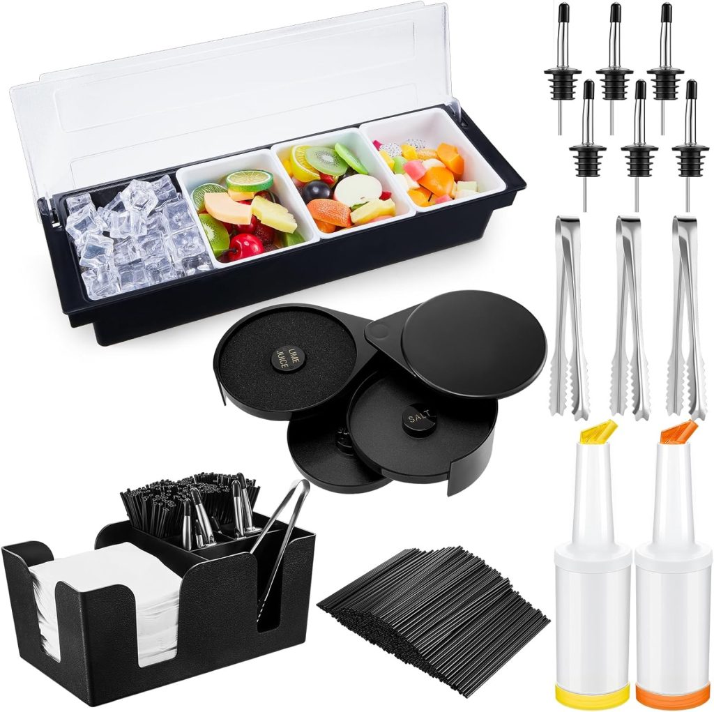 Mifoci Garnish Tray with Lid Bar Caddy 3 Tier Glass Rimmer 12 Stainless Steel Bottle Pourers 2 Plastic Juice Pour Bottles 1000 Count Cocktail Straws 3 Serving Tongs(4 Compartments,Plastic)
