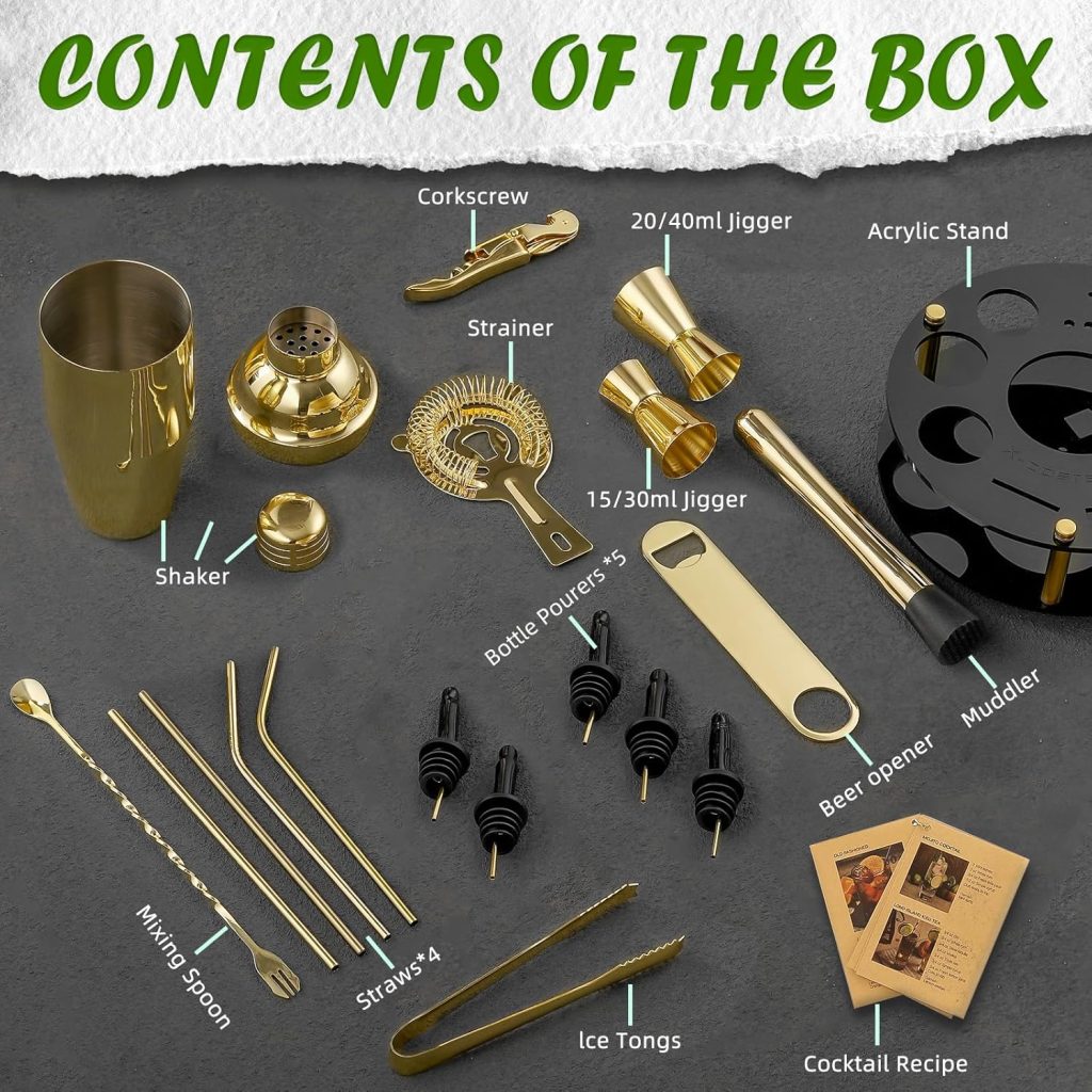 X-cosrack 19-Piece Bar Set, Gold Cocktail Shaker Set for Drink Mixing: Stainless Steel Bar Tools with Rotating Stand, Professional Bartender Kit for Home Bars, Parties