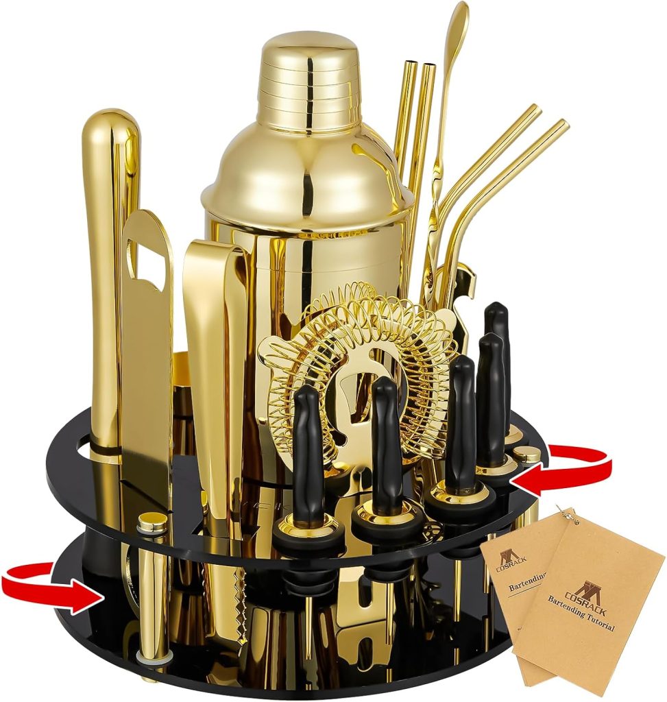 X-cosrack 19-Piece Bar Set, Gold Cocktail Shaker Set for Drink Mixing: Stainless Steel Bar Tools with Rotating Stand, Professional Bartender Kit for Home Bars, Parties