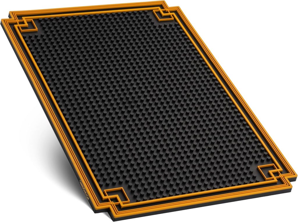 18 x 12 Premium Cocktail Bar Mat with Gold Border - Durable Stylish Spill Mat for Kitchen, Home, and Mobile Bars, Mixologists, and Cocktail Enthusiasts.