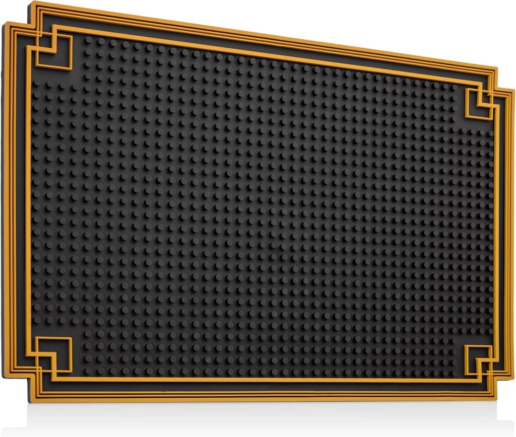 18 x 12 Premium Cocktail Bar Mat with Gold Border - Durable Stylish Spill Mat for Kitchen, Home, and Mobile Bars, Mixologists, and Cocktail Enthusiasts.