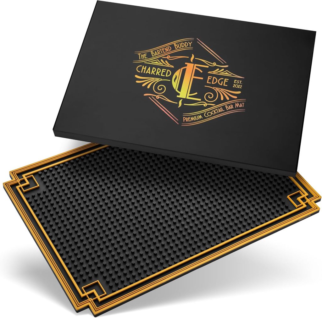 18 x 12 Premium Cocktail Bar Mat with Gold Border - Durable Stylish Spill Mat for Kitchen, Home, and Mobile Bars, Mixologists, and Cocktail Enthusiasts.