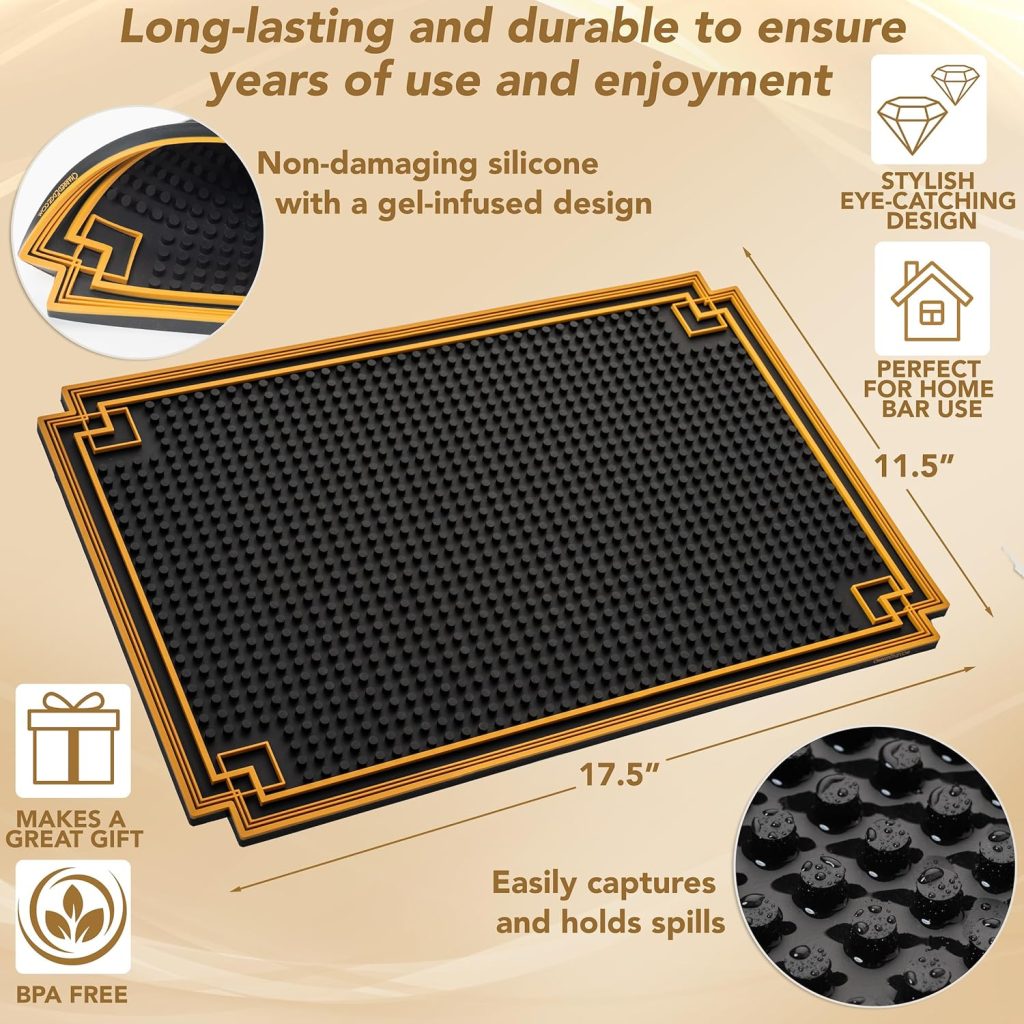 18 x 12 Premium Cocktail Bar Mat with Gold Border - Durable Stylish Spill Mat for Kitchen, Home, and Mobile Bars, Mixologists, and Cocktail Enthusiasts.