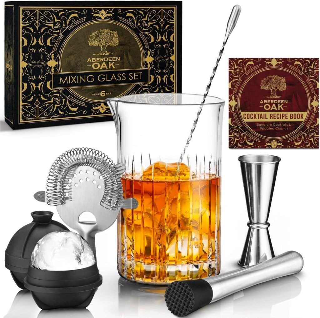 Aberdeen Oak Crystal Cocktail Mixing Glass Set - 7-Piece Bar Tool Ensemble - Handcrafted Crystal Glass  Premium Stainless Steel Tools - A Masterpiece for Cocktail Enthusiasts  Home Bars