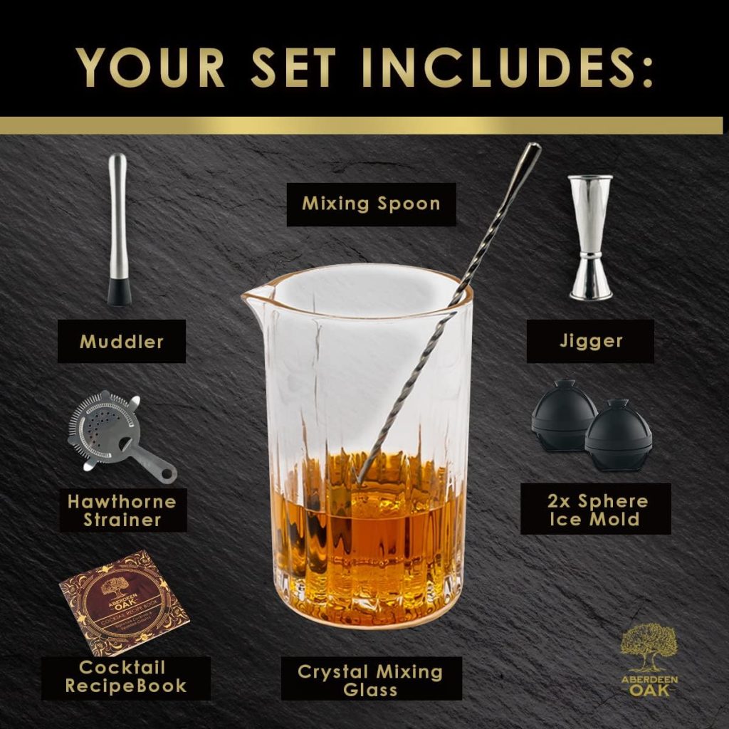 Aberdeen Oak Crystal Cocktail Mixing Glass Set - 7-Piece Bar Tool Ensemble - Handcrafted Crystal Glass  Premium Stainless Steel Tools - A Masterpiece for Cocktail Enthusiasts  Home Bars