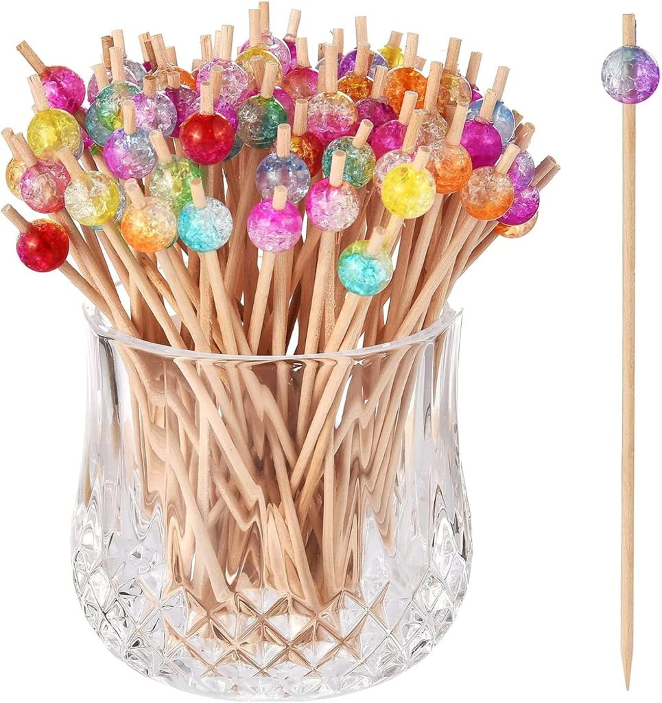 ALINK 100-Pack Cocktail Picks, Colorful Pearl Fancy Toothpicks for Appetizers, Wooden Food Picks Skewers for Food, Drinks, Fruits Party, Charcuterie Accessories - 4.72 inch