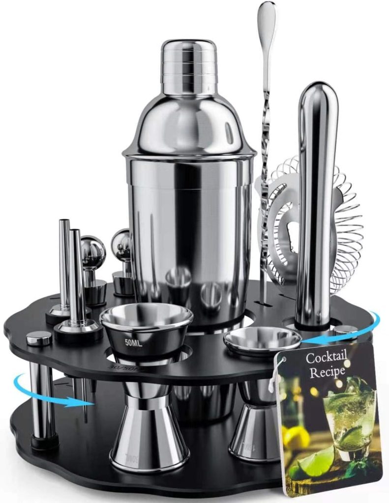 Bartender Kit, 14 Piece Cocktail Shaker Set Stainless Steel Bar Tools with Rotating Stand, 25 oz Shaker Tins, Jigger, Spoon, Pourers, Muddler, Strainer, Tongs, Bottle Stoppers, Opener, Recipes