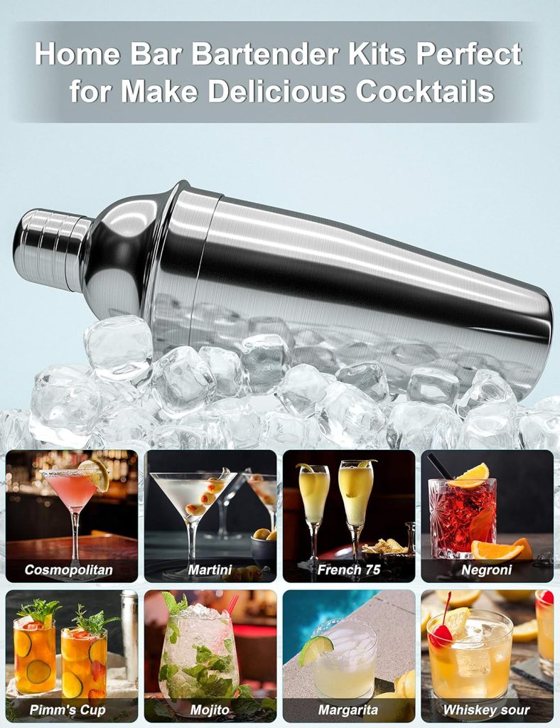 Bartender Kit, 14 Piece Cocktail Shaker Set Stainless Steel Bar Tools with Rotating Stand, 25 oz Shaker Tins, Jigger, Spoon, Pourers, Muddler, Strainer, Tongs, Bottle Stoppers, Opener, Recipes