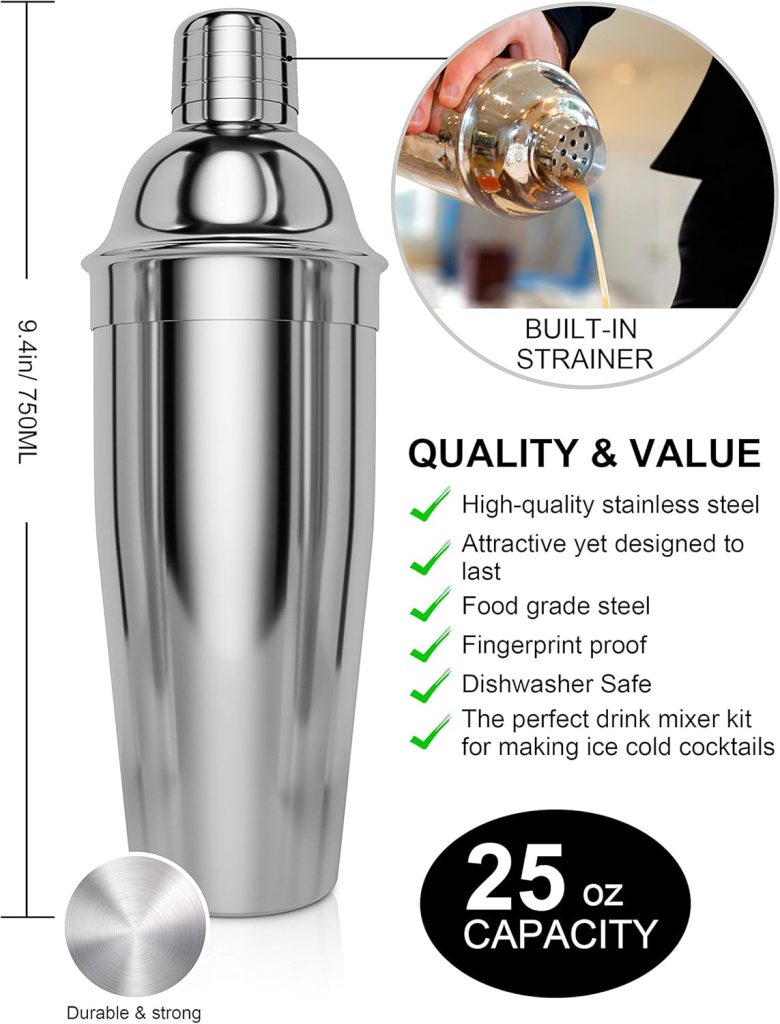 Bartender Kit, 14 Piece Cocktail Shaker Set Stainless Steel Bar Tools with Rotating Stand, 25 oz Shaker Tins, Jigger, Spoon, Pourers, Muddler, Strainer, Tongs, Bottle Stoppers, Opener, Recipes
