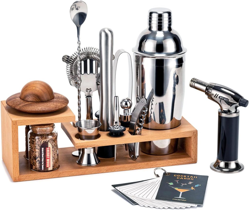 Bartender Kit with Cocktail Smoker Kit, 19-Piece Bar Tool Set with Beech Stand and Torch for Mixed Drink, Perfect Home Bartending Kit with Bar Accessory Tools(No Butane) (Silver  Beech)