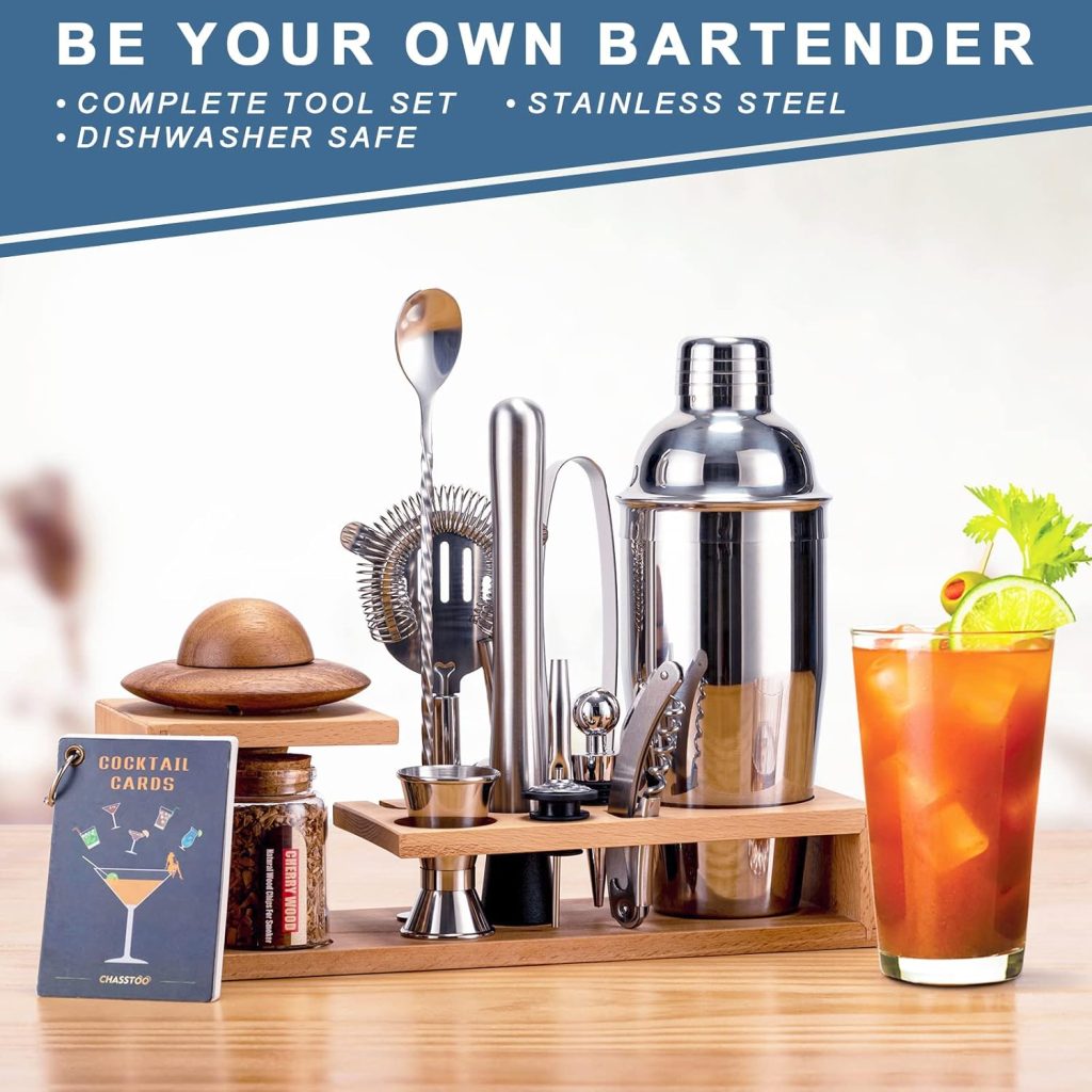 Bartender Kit with Cocktail Smoker Kit, 19-Piece Bar Tool Set with Beech Stand and Torch for Mixed Drink, Perfect Home Bartending Kit with Bar Accessory Tools(No Butane) (Silver  Beech)