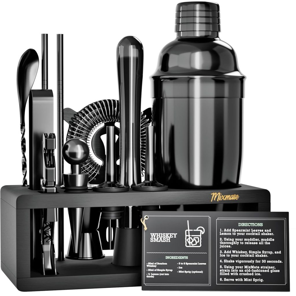 Black Stainless Steel Cocktail Shaker Set with Wood Stand - 15 Piece Bartender Kit with Drink Shaker, Bar Spoon, Jigger, Muddler, Strainer, Bottle Opener, Stopper, Pour Spout, Stirrers, Tongs, Recipes
