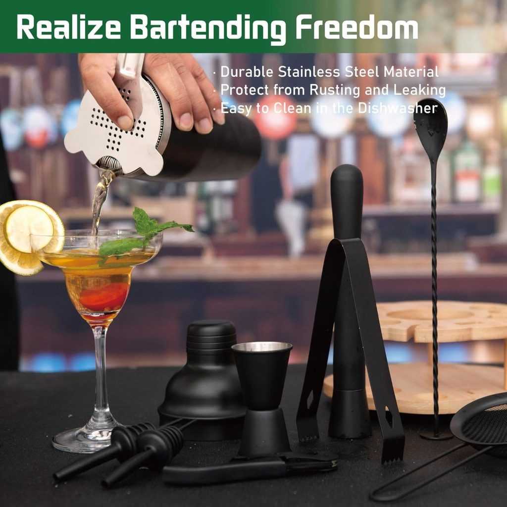 Cocktail Shaker Set Bartender Kit with Rotatble Bamboo Stand,11 Piece Bar Set Stainless Steel Bar Accessories for Drink Mixing, Bar, Home, Party (Gold)