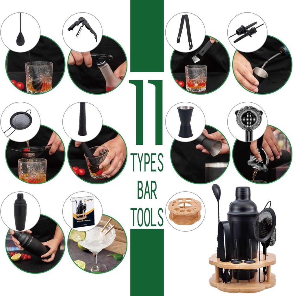Cocktail Shaker Set Bartender Kit with Rotatble Bamboo Stand,11 Piece Bar Set Stainless Steel Bar Accessories for Drink Mixing, Bar, Home, Party (Gold)