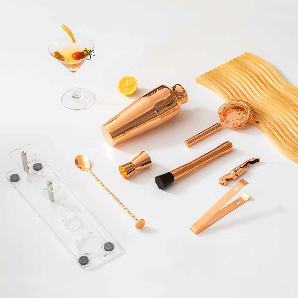 Cocktail Shaker Set with Arcylic Stand, Mixology Bartender Kit for Drink Mixing | Mixology Set with 7 Bar Set Tools Cocktail Kit (Gold)