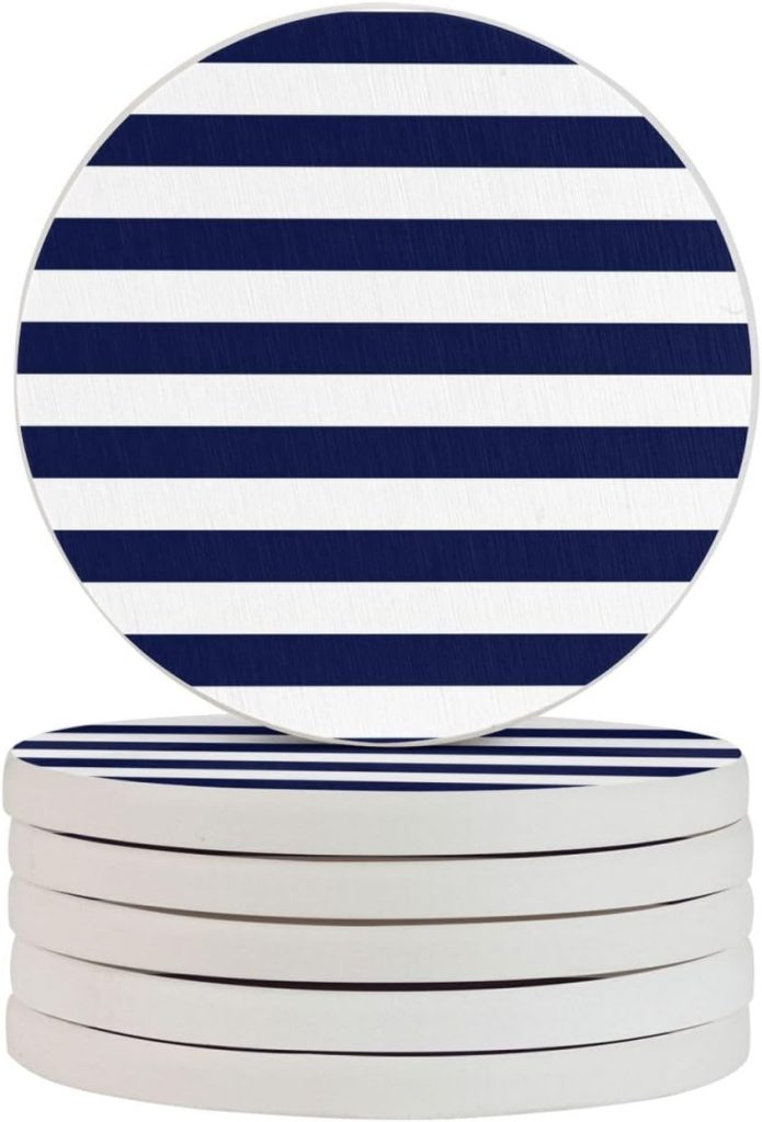 Drink Coasters Set of 6 Diatomaceous Earth Coasters Tabletop Protection Coasters for All Kinds of Cups Home Living Room Decor Aesthetic (Navy Blue and White Stripes)