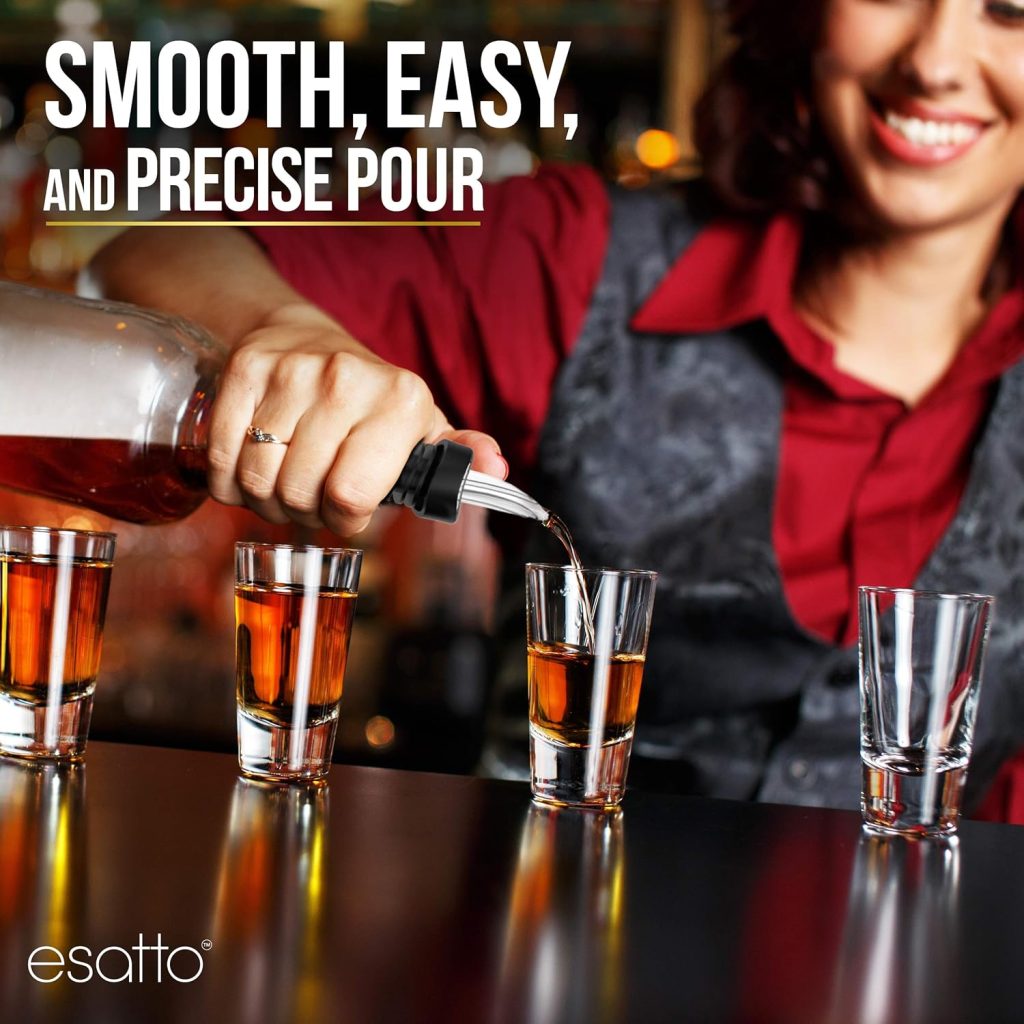 Esatto Bar Equipment Gift Set – 6 Store N Pour Bottles for Storing and Mixing Ingredients, 2 Bar Mats and 2 Shaker Mats for Spill Protection, and 24 Pourers for Precision Pouring with Dust Caps