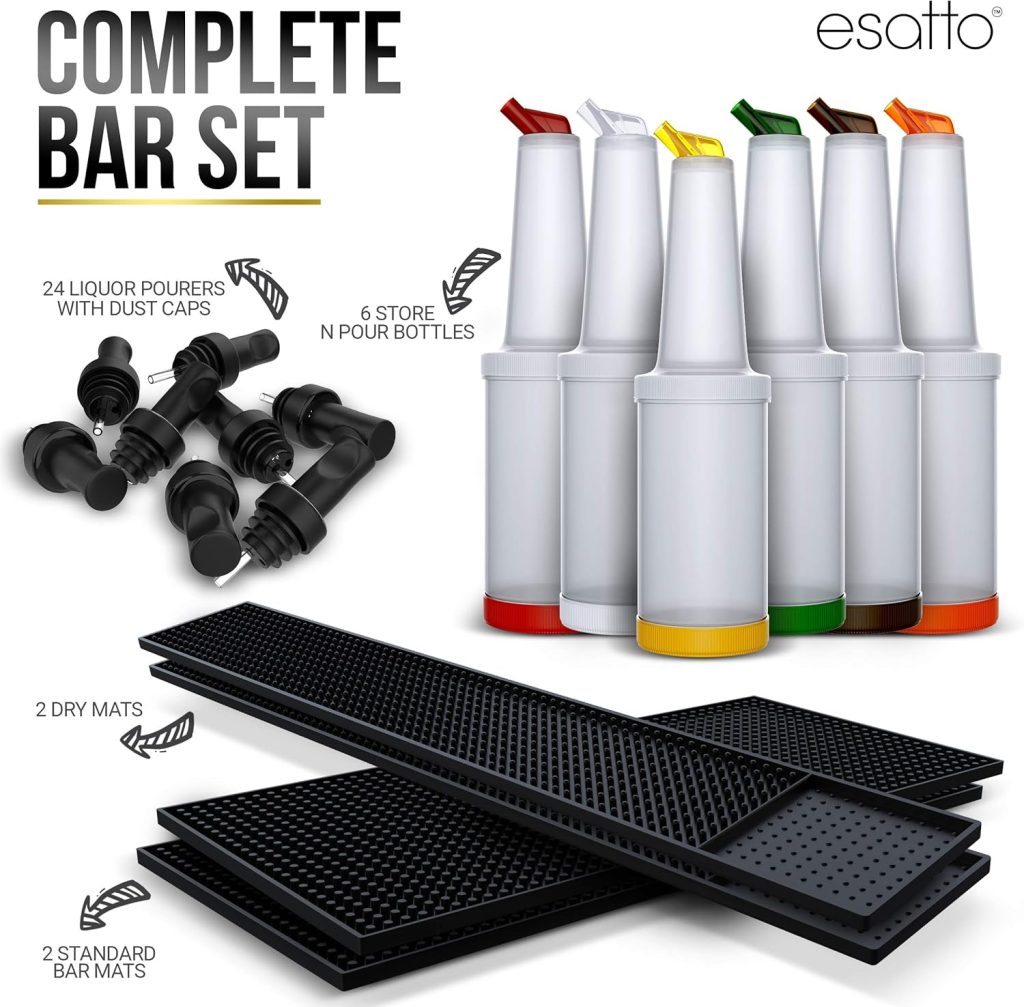 Esatto Bar Equipment Gift Set – 6 Store N Pour Bottles for Storing and Mixing Ingredients, 2 Bar Mats and 2 Shaker Mats for Spill Protection, and 24 Pourers for Precision Pouring with Dust Caps