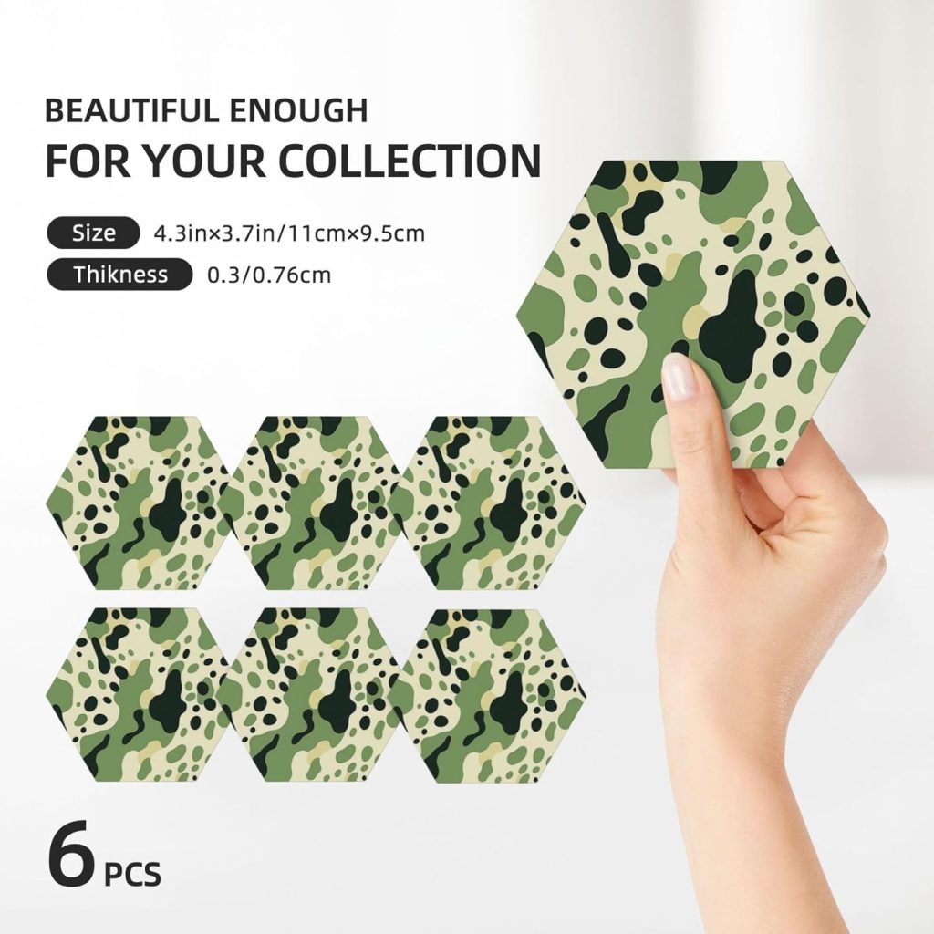 Green and White Pattern Coasters for Drinks Set of 6 with Holder Absorbent Ceramic Coasters with Cork Bottom Heat and Scratch Resistance Decorative Drink Mats Coasters Cup Coasters, FDH415FG4HH