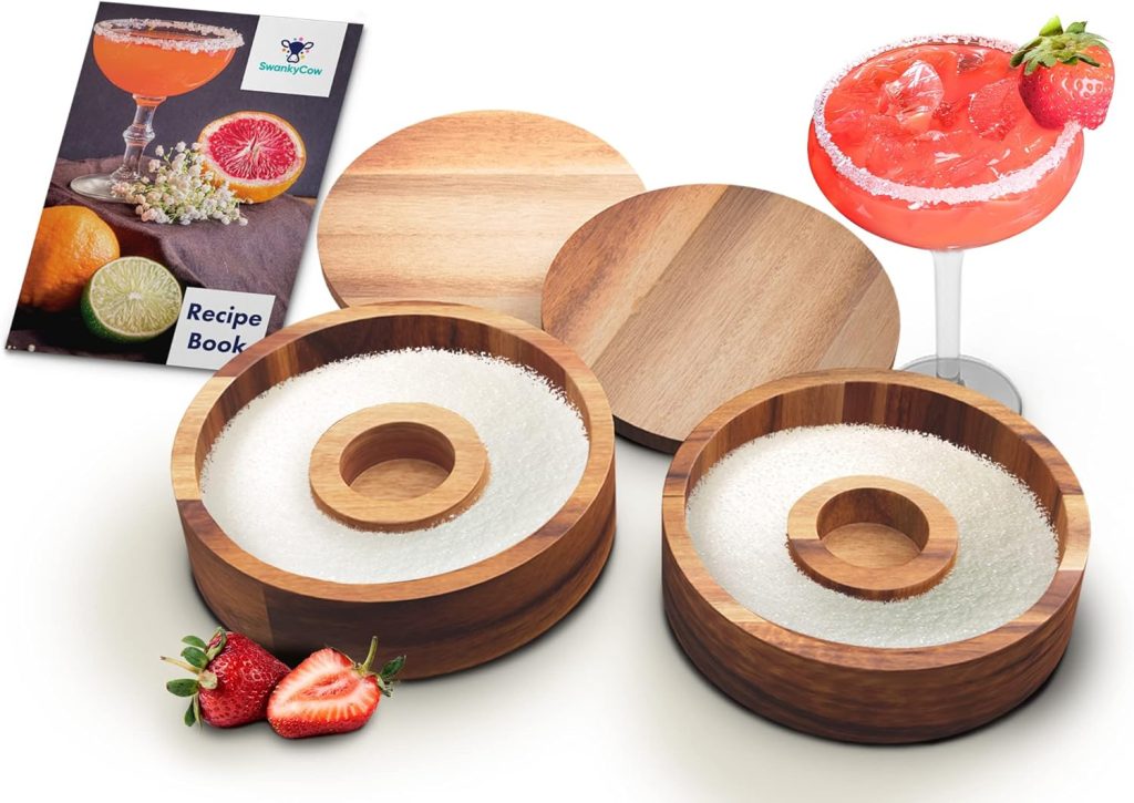 2x Acacia Wood Cocktail Rimmer - Margarita Salt Rimmer, 6.30 Diameter - Home Bar Accessories for Salt  Sugar