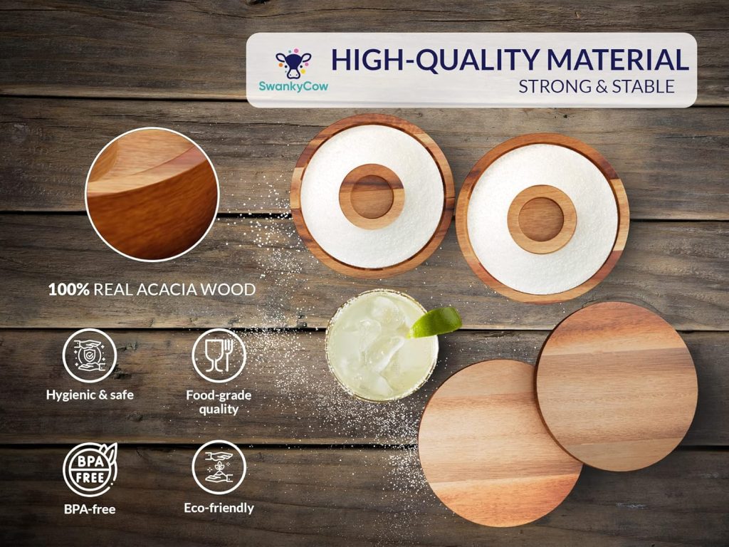 2x Acacia Wood Cocktail Rimmer - Margarita Salt Rimmer, 6.30 Diameter - Home Bar Accessories for Salt  Sugar