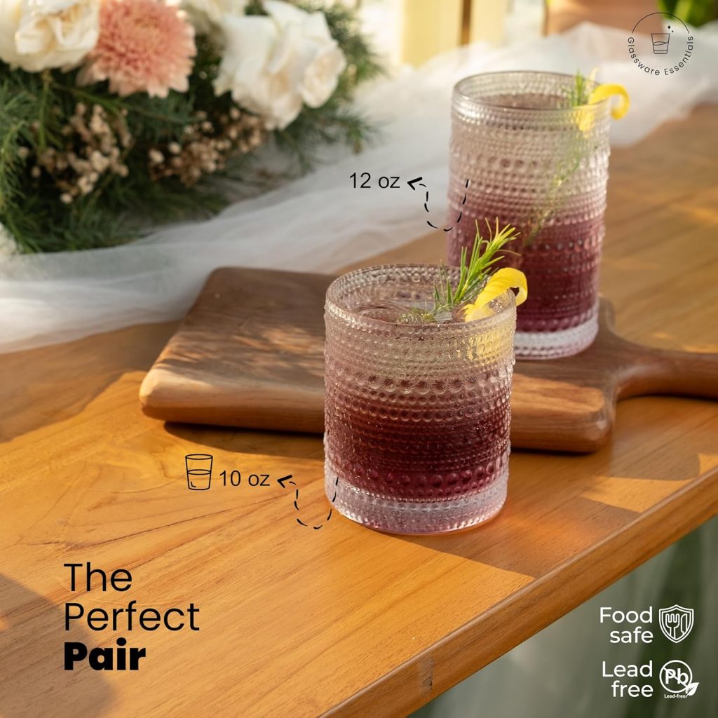 8-Piece Vintage Glassware Drinking Glasses Set with Old Fashioned Glass for Water, Beer, Soda, and Beverages, Dishwasher Safe, Small and Large