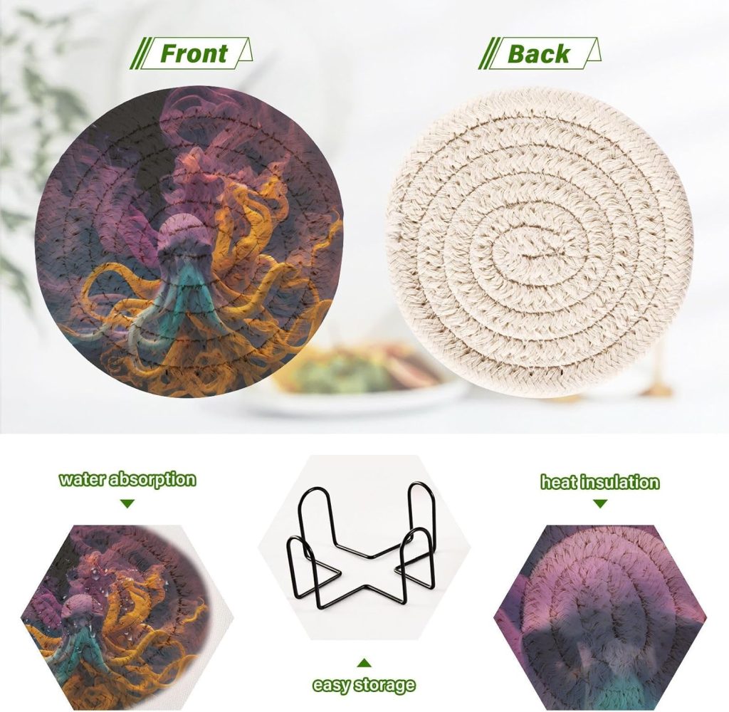 Colorful Octopus 6 Pcs Coasters for Drinks, Drink Coasters Set Absorbent Heat-Resistant for Bar Coffee Table Tabletop Protection with Holder, Suitable for Kinds of Cups