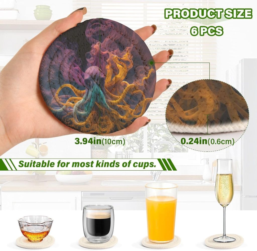 Colorful Octopus 6 Pcs Coasters for Drinks, Drink Coasters Set Absorbent Heat-Resistant for Bar Coffee Table Tabletop Protection with Holder, Suitable for Kinds of Cups