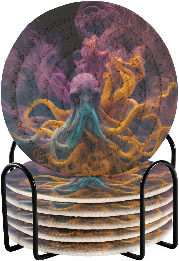 Colorful Octopus 6 Pcs Coasters for Drinks, Drink Coasters Set Absorbent Heat-Resistant for Bar Coffee Table Tabletop Protection with Holder, Suitable for Kinds of Cups