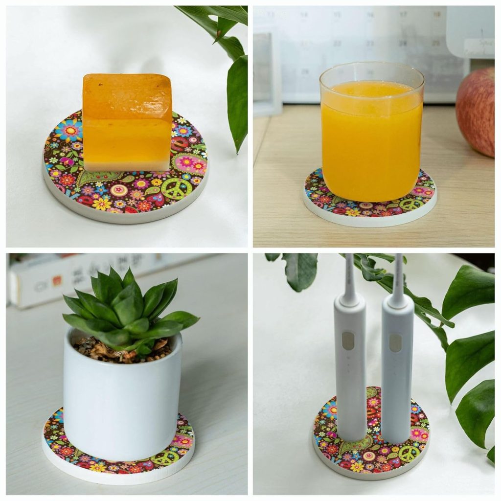 Drink Coasters Set of 6 Diatomaceous Earth Coasters Tabletop Protection Coasters for All Kinds of Cups Home Living Room Decor Aesthetic (Hippie Peace Love)