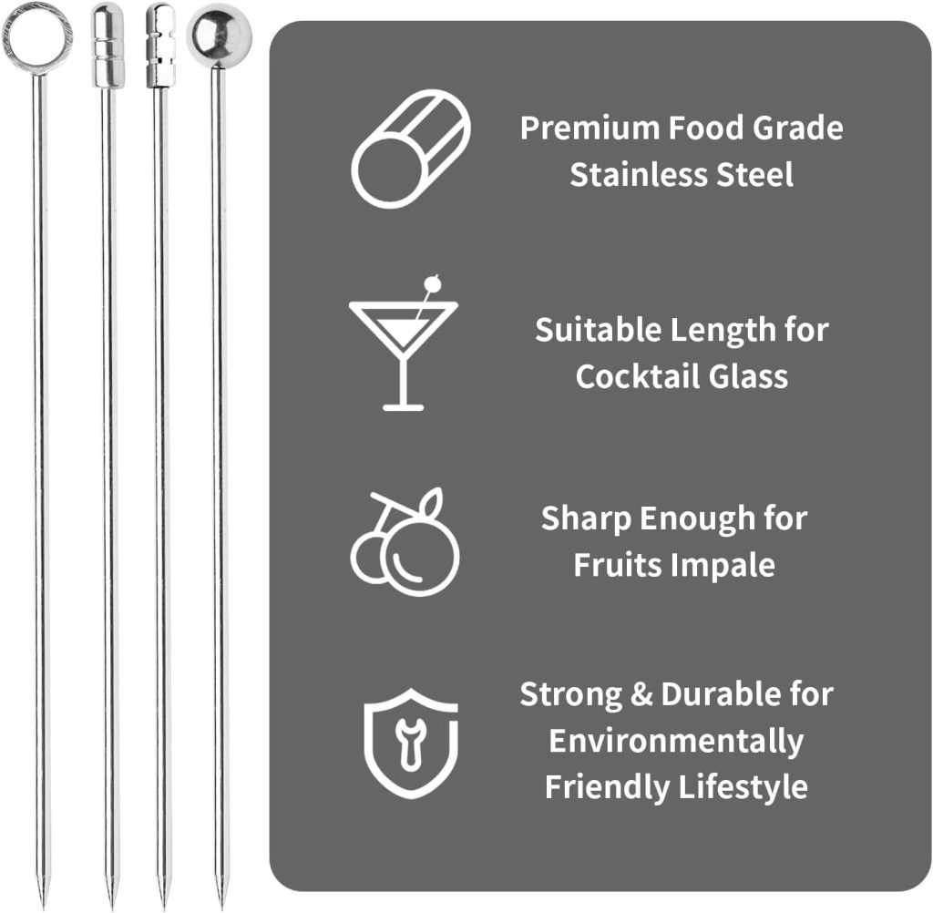 Metal Cocktail Picks 12Pack+Holder Kit, 304 Stainless Steel Toothpicks, Reusable Cocktail Skewers, Garnish Picks Bloody Mary Skewers, Martini Picks for Olives Appetizers Fruit (Mix Silvery)