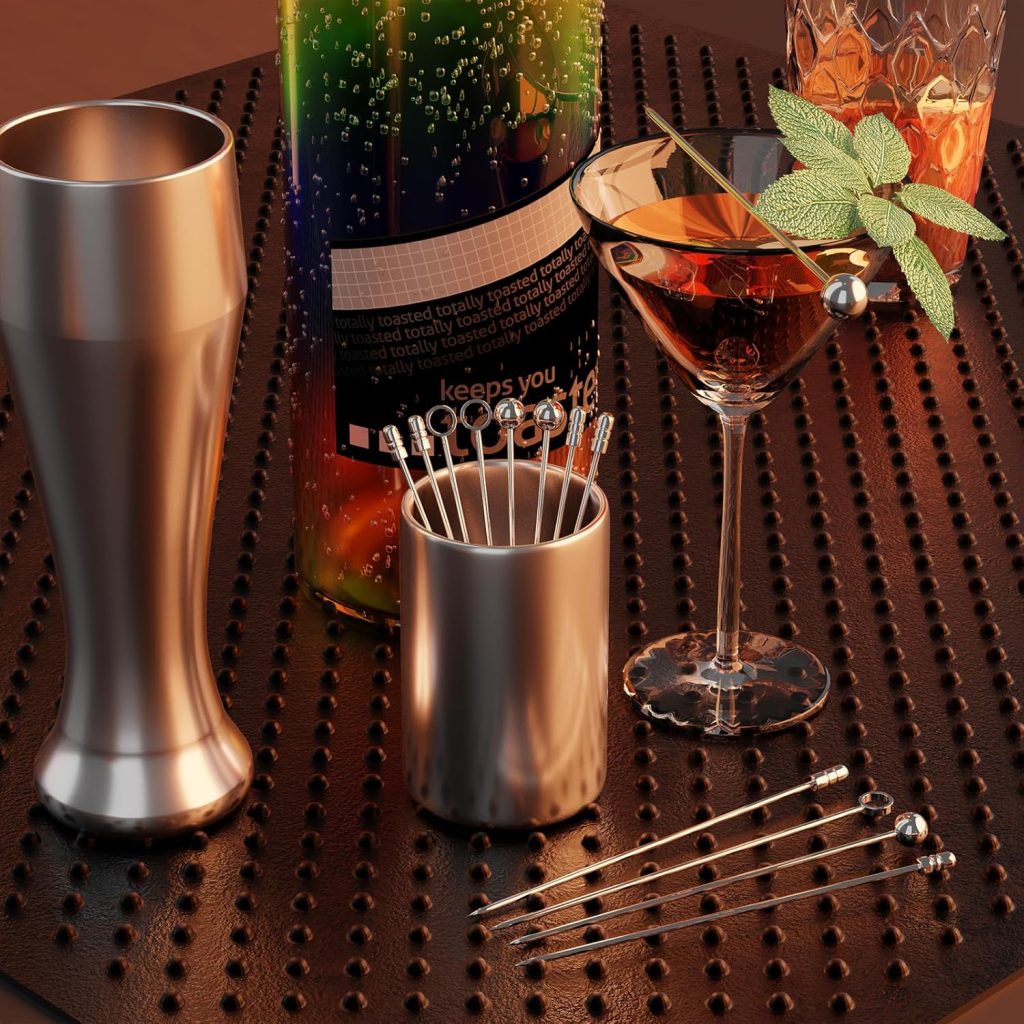 Metal Cocktail Picks 12Pack+Holder Kit, 304 Stainless Steel Toothpicks, Reusable Cocktail Skewers, Garnish Picks Bloody Mary Skewers, Martini Picks for Olives Appetizers Fruit (Mix Silvery)