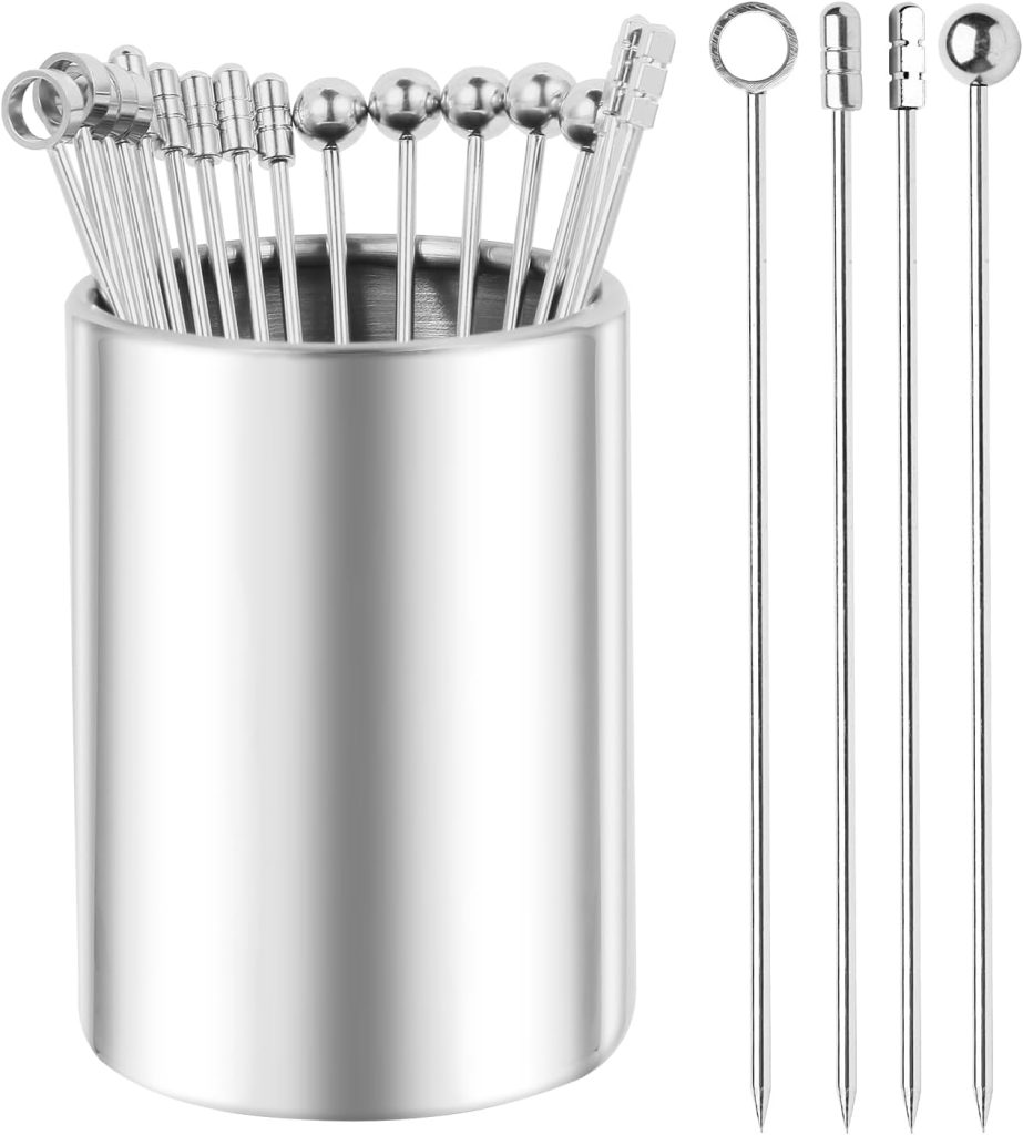 Metal Cocktail Picks 12Pack+Holder Kit, 304 Stainless Steel Toothpicks, Reusable Cocktail Skewers, Garnish Picks Bloody Mary Skewers, Martini Picks for Olives Appetizers Fruit (Mix Silvery)