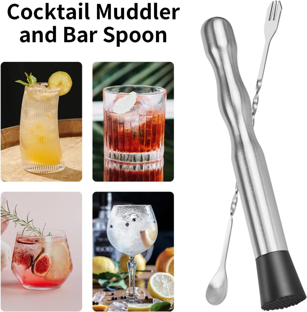 Muddler for Cocktails Bar Spoon - Vaincre 2PCS 9 Muddler and 10” Mixing Spoon Cocktail Mixing Stirrer, Stainless Steel Bar Accessories Tools Long Drink Stirrer Bartender Gifts for Mojitos Drinks
