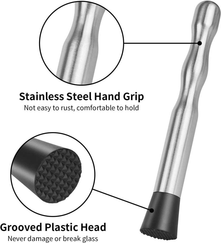 Muddler for Cocktails Bar Spoon - Vaincre 2PCS 9 Muddler and 10” Mixing Spoon Cocktail Mixing Stirrer, Stainless Steel Bar Accessories Tools Long Drink Stirrer Bartender Gifts for Mojitos Drinks