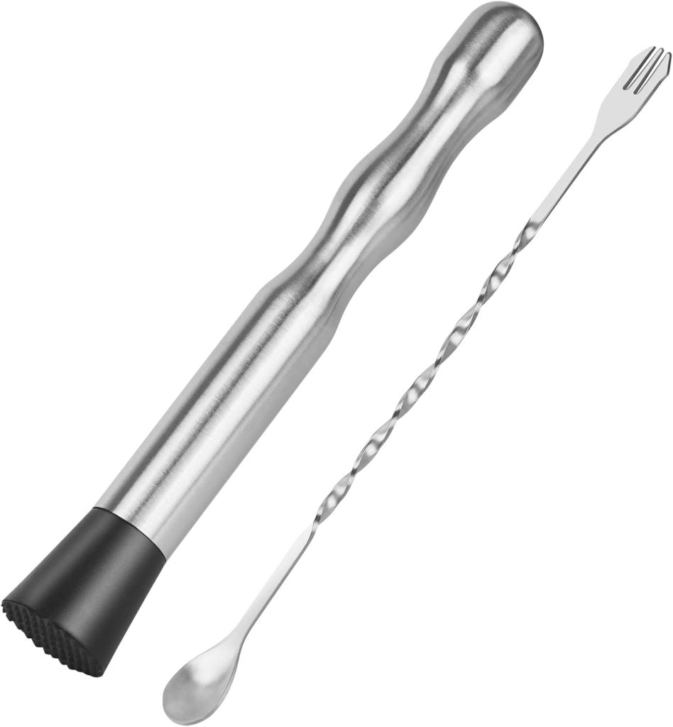 Muddler for Cocktails Bar Spoon - Vaincre 2PCS 9 Muddler and 10” Mixing Spoon Cocktail Mixing Stirrer, Stainless Steel Bar Accessories Tools Long Drink Stirrer Bartender Gifts for Mojitos Drinks