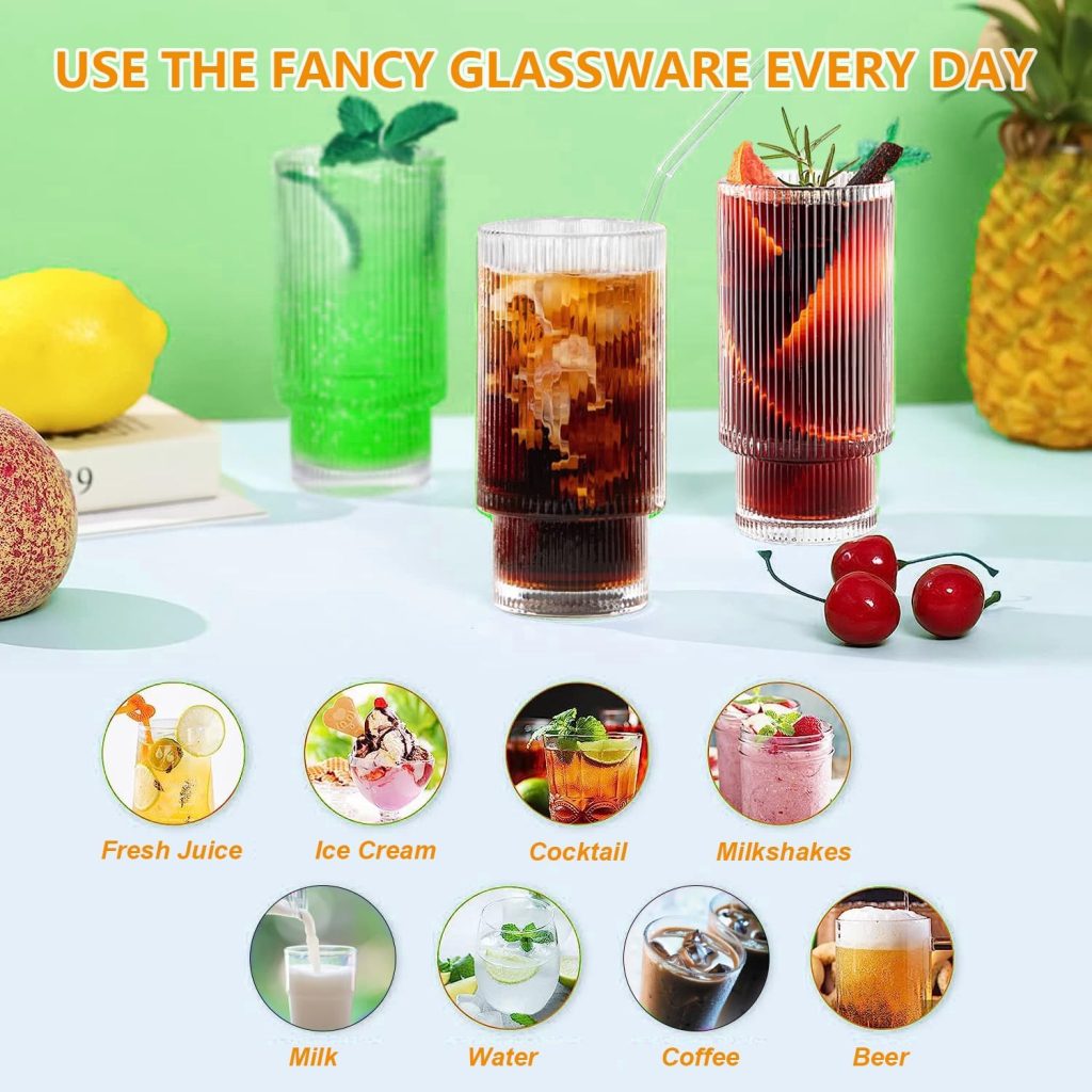 Ribbed Drinking Glasses, Ribbed Glass Cups 16oz, Ribbed Glassware 6pc Set, Vintage Glassware for Whiskey Cocktail Glasses, Iced Coffee cup Coffee Bar Accessories