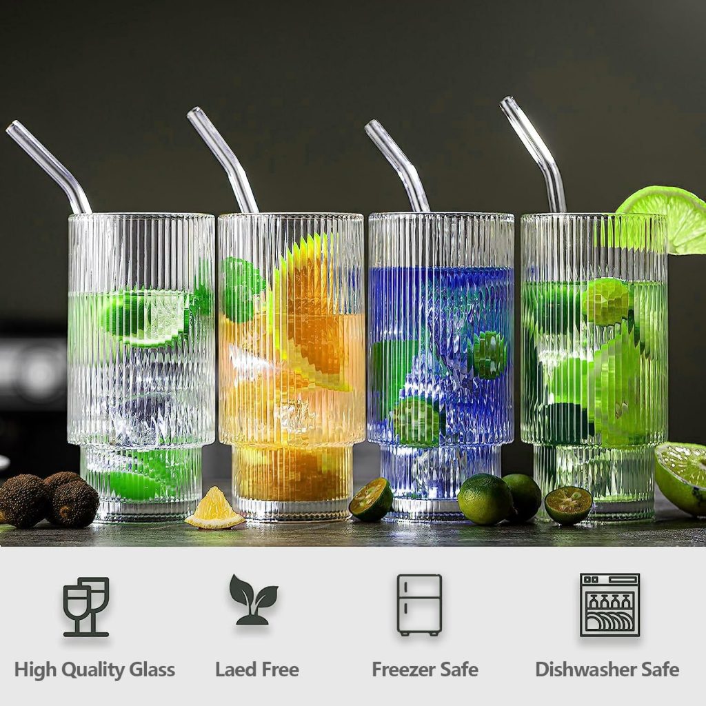 Ribbed Drinking Glasses, Ribbed Glass Cups 16oz, Ribbed Glassware 6pc Set, Vintage Glassware for Whiskey Cocktail Glasses, Iced Coffee cup Coffee Bar Accessories