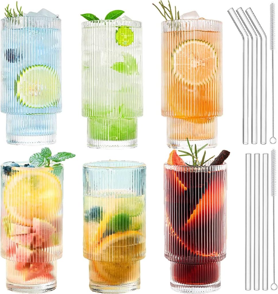 Ribbed Drinking Glasses, Ribbed Glass Cups 16oz, Ribbed Glassware 6pc Set, Vintage Glassware for Whiskey Cocktail Glasses, Iced Coffee cup Coffee Bar Accessories