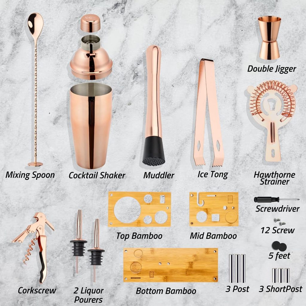 VG Cocktail Shaker Set Bartender kit with Stand, Cocktail Set Bar Tools Set for Drink Mixer, Bar Accessories for The Home Bar Set (Rose Gold)
