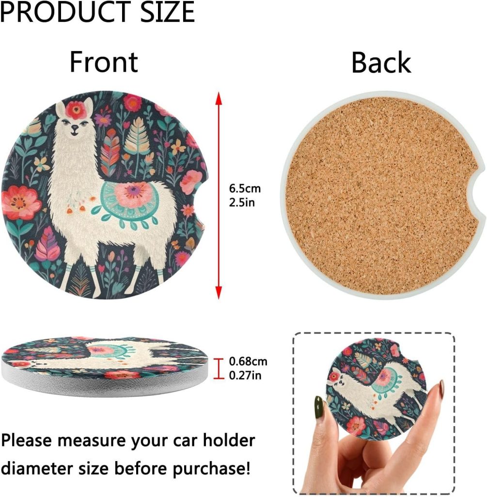 xigua Floral and Llama Car Coasters 2 Pack Drinks Absorbent Ceramic Stone Car Coasters with Fingertip Grip Car Cup Holder Coasters