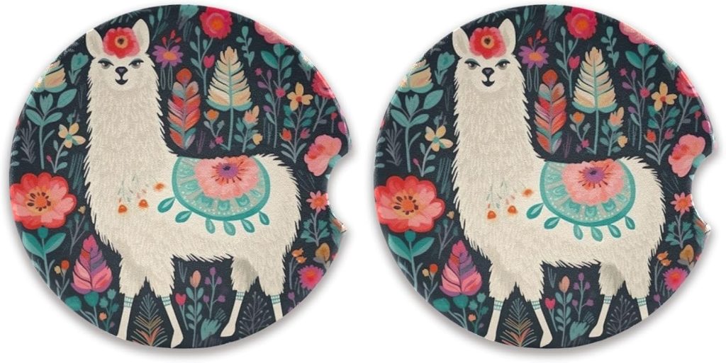 xigua Floral and Llama Car Coasters 2 Pack Drinks Absorbent Ceramic Stone Car Coasters with Fingertip Grip Car Cup Holder Coasters