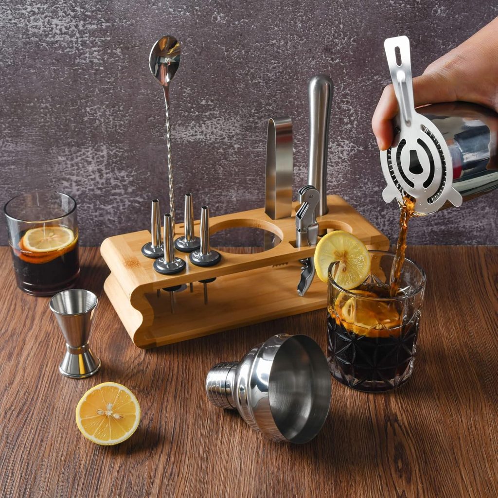 12 Piece Bartender Kit with Bamboo Stand, 25oz Cocktail Shaker Set for Mixed Drink, Professional Bar Tool Set with Cocktail Recipes Booklet, Gift for Man Dad Friend (Silver)