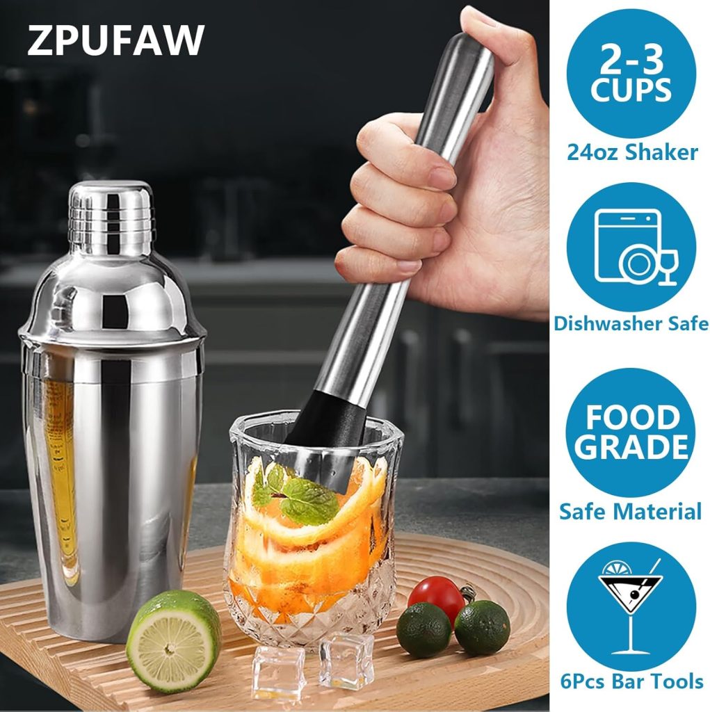 6-Piece Cocktail Shaker Set 24oz Shaker Strainer Muddler Jigger Mixing Spoon Pour Spout Bartender Kit Stainless Steel Bar Set Housewarming Gift
