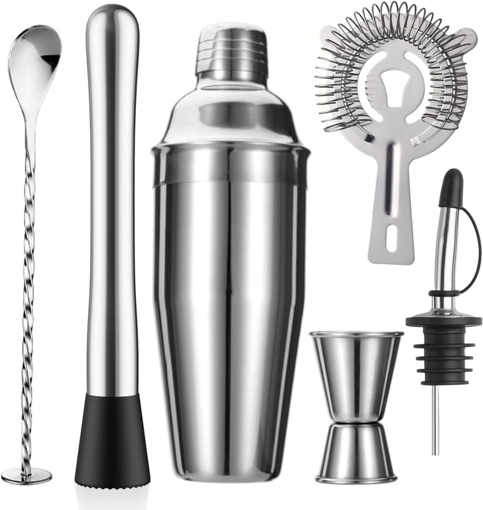 6-Piece Cocktail Shaker Set 24oz Shaker Strainer Muddler Jigger Mixing Spoon Pour Spout Bartender Kit Stainless Steel Bar Set Housewarming Gift