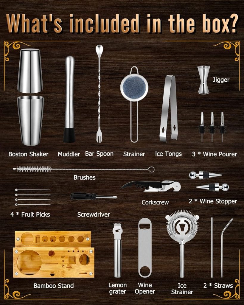Cocktail Shakers Set Complete 24-Piece Bartender Kit Silver with Bar Tool Stand and Barware Tools Set for Home Bartending: Includes Boston Shaker, Jigger, Strainer, Mixer Spoon, Muddler, and More