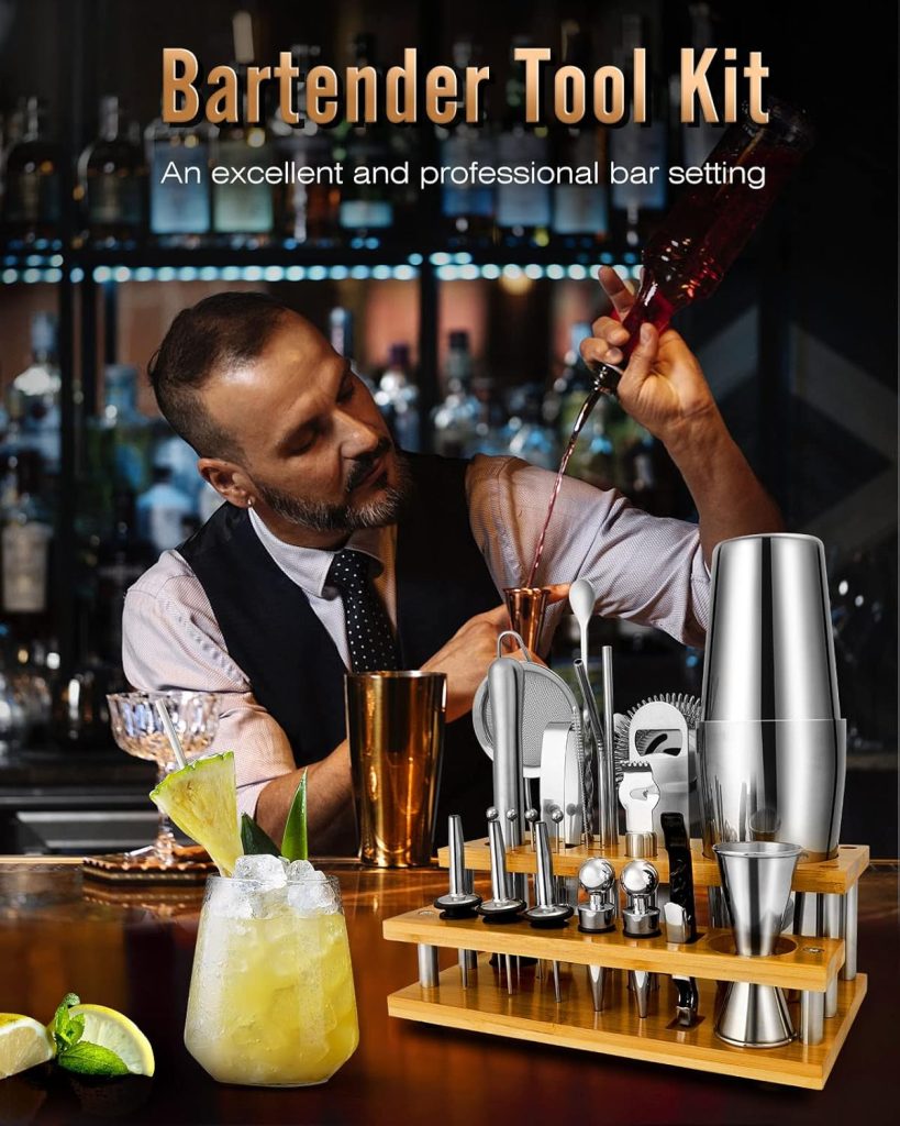 Cocktail Shakers Set Complete 24-Piece Bartender Kit Silver with Bar Tool Stand and Barware Tools Set for Home Bartending: Includes Boston Shaker, Jigger, Strainer, Mixer Spoon, Muddler, and More