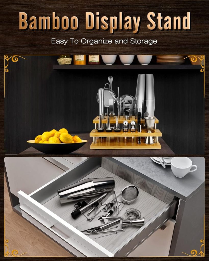 Cocktail Shakers Set Complete 24-Piece Bartender Kit Silver with Bar Tool Stand and Barware Tools Set for Home Bartending: Includes Boston Shaker, Jigger, Strainer, Mixer Spoon, Muddler, and More