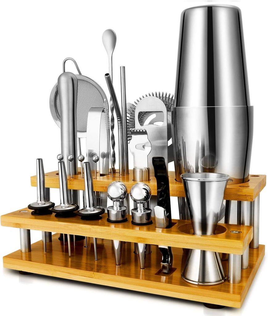 Cocktail Shakers Set Complete 24-Piece Bartender Kit Silver with Bar Tool Stand and Barware Tools Set for Home Bartending: Includes Boston Shaker, Jigger, Strainer, Mixer Spoon, Muddler, and More